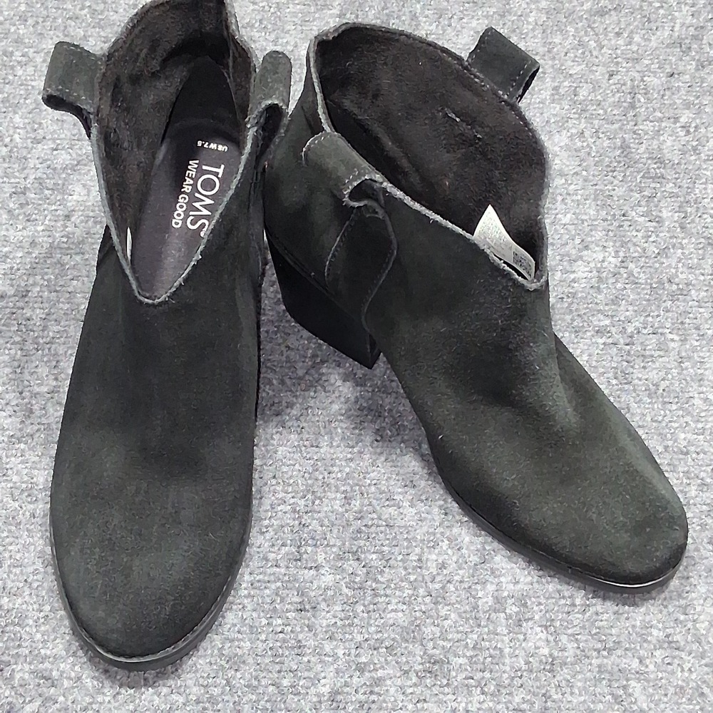 TOMS Black Suede Ankle Booties Block Heel Pointed Toe Western Boots Womens 7.5